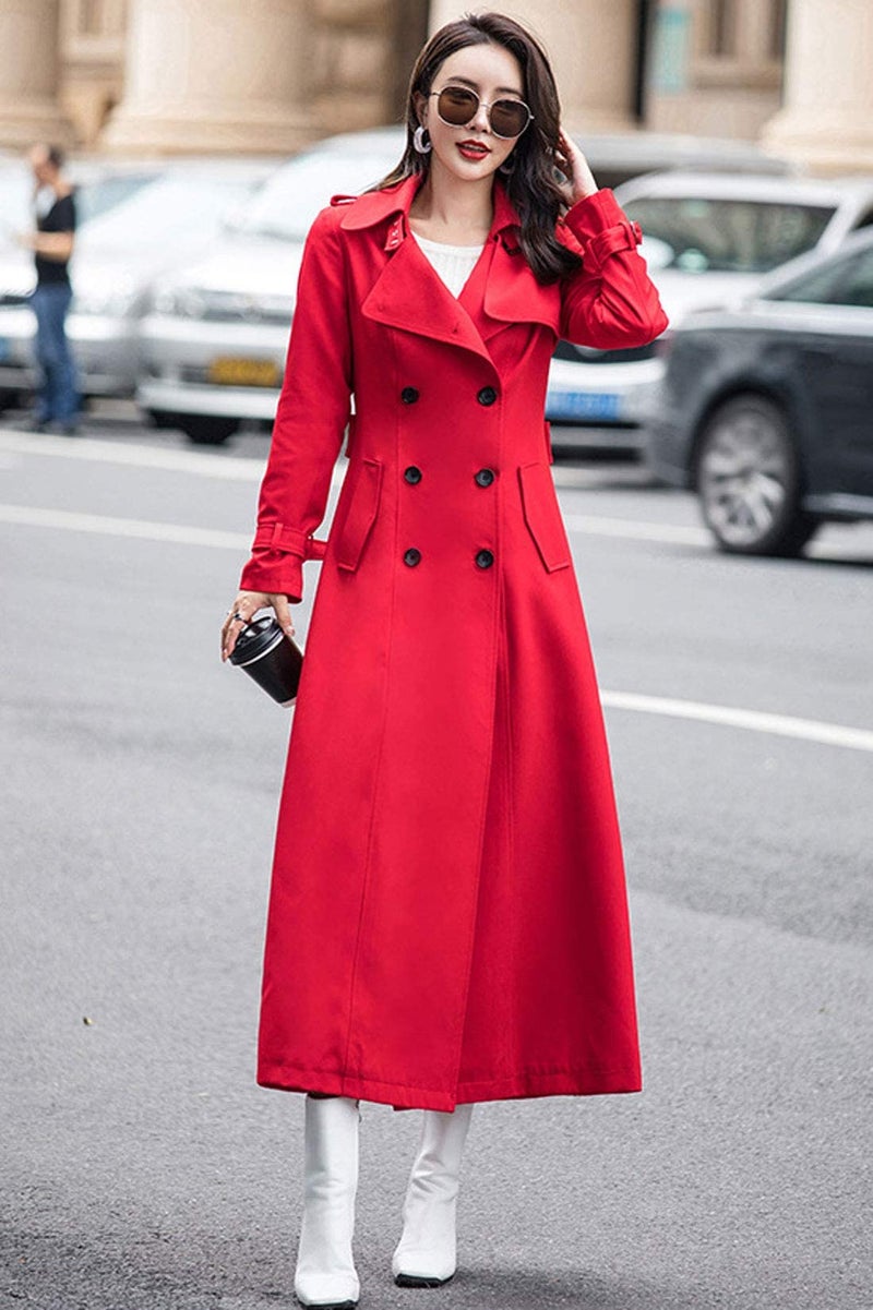 ebossy Women's Double Breasted Duster Trench Coat Slim Full Length Maxi Long Overcoat (Medium, Red) - Image 4